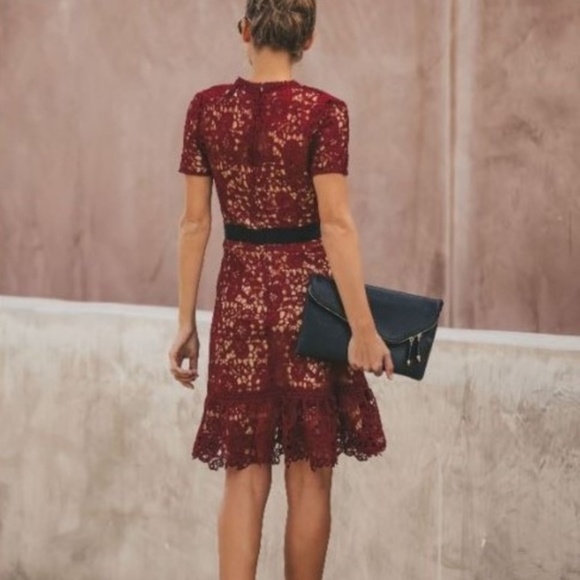 DO + BE Burgundy Wine Embroidered Lace Fit & Flare Knee-Length Cocktail Dress - Picture 2 of 8